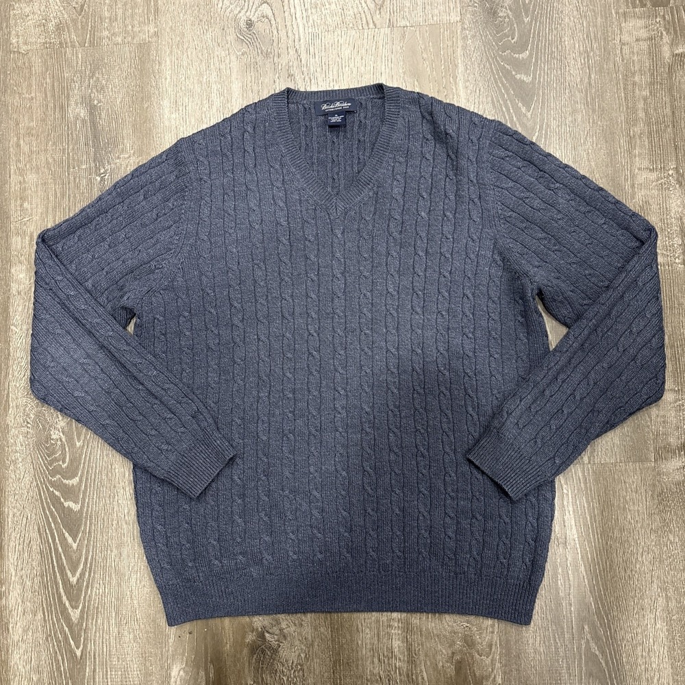 VTG Brooks Brothers Cable Knit Sweater Mens XL Wool Blend Navy Blue V Neck